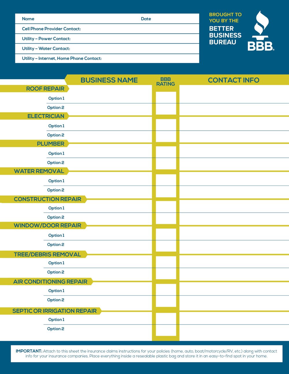 BBB emergency sheet for homeowners